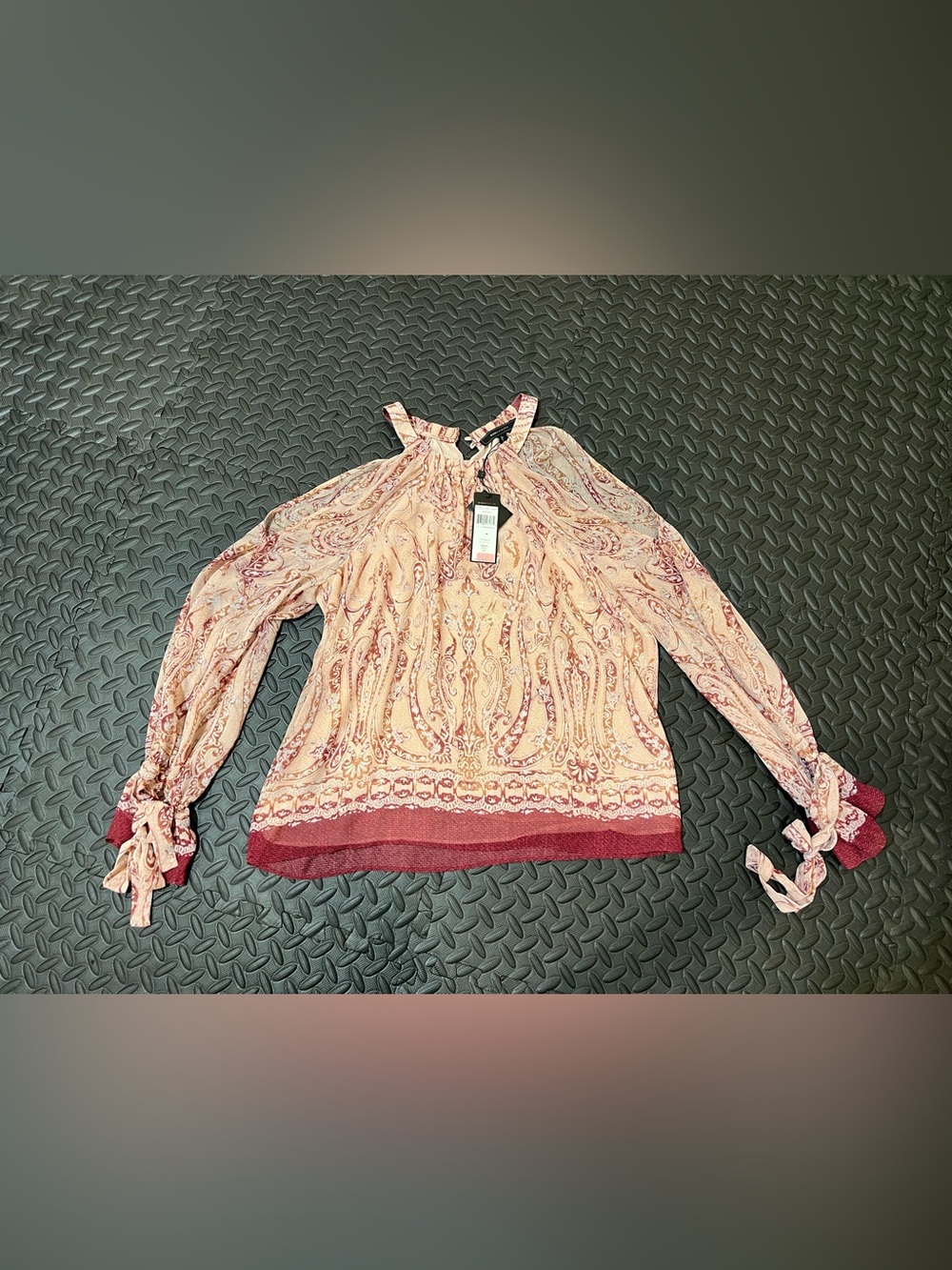 BCBGMaxAzria Peach and Burgundy Paisley Cold-Shoulder Blouse